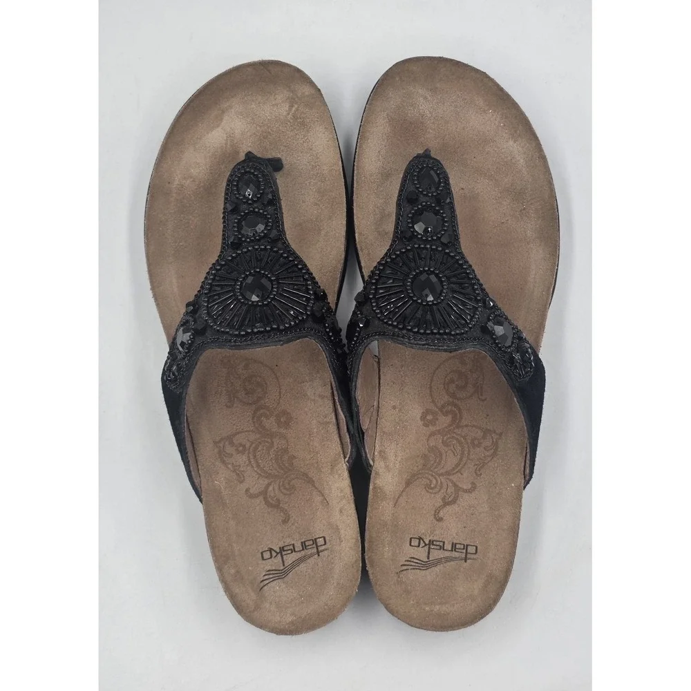 Dansko Black Beaded Leather Thong Sandals
